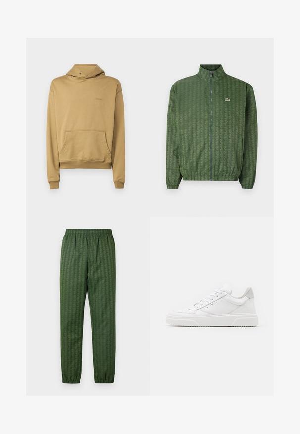 Zaļa zip-up jakas ar ģeometrisku rakstu, augstu apkakli, elastīgām piedurknēm un Lacoste logo uz krūtīm. Viegls materiāls.; Bareen BOJAN OVERSIZE HOODIE - Ikdienas džemperis - antique bronze; Zaļi rakstaini sporta bikses ar elastīgu jostasvietu, šaurām comojumi un ģeometrisku dizainu visā virsmā. Izgatavotas no viegla materiāla.; Baltie ādas sporta apavi ar gludu virsmu, noapaļotu purngalu, plakaniem šņorēm un reljefa zoli. Pelēks zamšādas akcenti pie papēža.