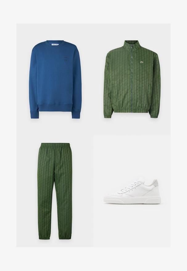 Giacca verde con zip, decorata con un motivo geometrico, colletto alto, polsini elasticizzati e logo Lacoste sul petto. Materiale leggero.; Samsøe Samsøe JOEL CREW NECK - Felpa - true navy; Pantaloni sportivi verdi a fantasia con cintura elastica, gambe affusolate e un design geometrico in tutto. Realizzati in materiale leggero.; Sneaker bianche in pelle con finitura liscia, punta arrotondata, lacci piatti e suola texturizzata. Accento in suede grigio sul tallone.
