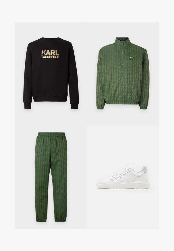 Πράσινο ζακέτα με φερμουάρ και γεωμετρικό μοτίβο, ψηλό κολάρο, ελαστικούς καρπούς και λογότυπο Lacoste στο στήθος. Ελαφρύ υλικό.; Μαύρη φούτερ μπλούζα με στρογγυλή λαιμόκοψη και μακριά μανίκια. Διαθέτει το έντονο χρυσό λογότυπο "KARL LAGERFELD" μπροστά. Λεία υφή.; Πράσινα αθλητικά παντελόνια με μοτίβο, ελαστική μέση, σ tapered πόδια και γεωμετρικό σχέδιο σε όλη τους την επιφάνεια. Κατασκευασμένα από ελαφρύ υλικό.; Λευκά δερμάτινα αθλητικά παπούτσια με απλή επιφάνεια, στρογγυλή μύτη, επίπεδα κορδόνια και ανάγλυφη σόλα. Γκρι σουέτ λεπτομέρεια στη φτέρνα.