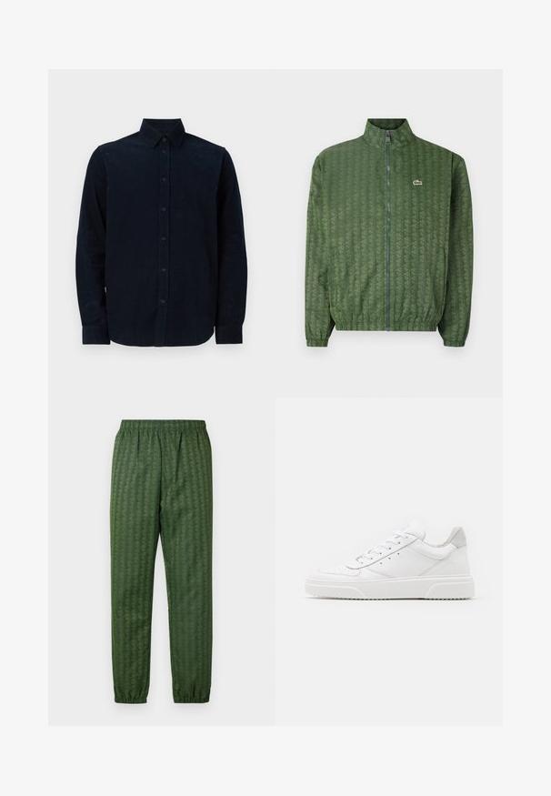 Green zip-up jacket with a geometric pattern, high collar, elastic cuffs, and a Lacoste logo on the chest. Lightweight material.; Navy blue long-sleeve shirt made of textured fabric, featuring a buttoned front, pointed collar, and buttoned cuffs.; Green patterned athletic pants with an elastic waistband, tapered legs, and a geometric design feature throughout. Made of lightweight material.; White leather sneakers with a smooth finish, rounded toe, flat laces, and a textured sole. Grey suede accent at the heel.