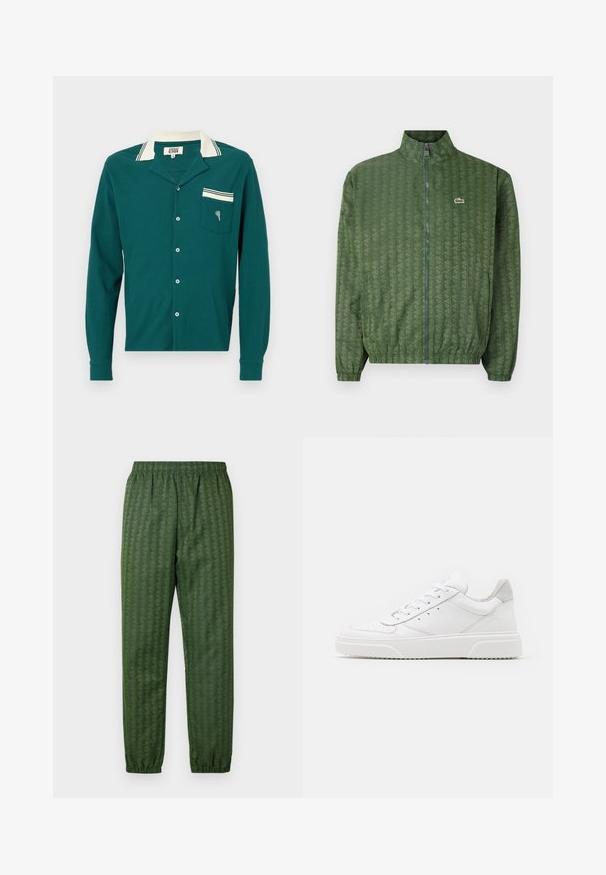 Jachetă verde cu fermoar, având un model geometric, guler înalt, manșete elastice și un logo Lacoste pe piept. Material ușor.; Cămașă lungă cu mâneci, de culoare turcoaz, cu guler, dungi albe și un buzunar pe piept cu un mic design în formă de inimă. Material texturat și închidere cu nasturi.; Tricou alb din bumbac, cu un logo "LACOSTE SPORTSWEAR" în nuanțe de albastru marin și verde oliv, imprimat pe piept într-un design curbat.; Pantaloni atletici verzi cu model, cu talie elastică, picioare înguste și un design geometric în întreaga structură. Fabricat din material ușor.; Adidași din piele albă cu un finisaj neted, vârf rotunjit, șireturi plate și o talpă texturată. Accente din piele întoarsă gri la călcâi.