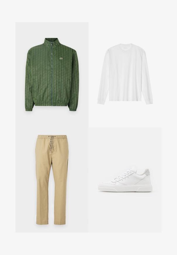 Groene ritsjack met een geometrisch patroon, hoge kraag, elastische manchetten en een Lacoste-logo op de borst. Lichtgewicht materiaal.; Wit katoenen t-shirt met lange mouwen, ronde hals en geribbelde manchetten. Eenvoudig, onopgesmukt ontwerp met een gladde textuur en een standaard pasvorm.; Beige broeken met een elastische tailleband, verstelbaar trekkoord, rechte pijpen en een lichte stofstructuur.; Witte leren sneakers met een gladde afwerking, ronde neus, platte veters en een gestructureerde zool. Grijze suède accent bij de hiel.