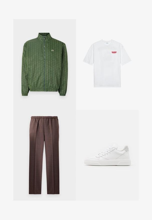 Zelená zipsová bunda s geometrickým vzorem, vysokým límcem, elastickými manžetami a logem Lacoste na hrudi. Lehký materiál.; Bílý bavlněný tričko s krátkým rukávem a kulatým výstřihem, na přední straně s červeným grafickým textem "VYNIKAJÍCÍ OSVĚŽUJÍCÍ OVOCNÝ".; Hnědé kostkované kalhoty s uvolněným střihem, elastickým pasem a hladkou texturou. Mají rovné nohavice a jemný mřížkový vzor.; Bílé kožené tenisky s hladkým povrchem, zaoblenou špičkou, plochými tkaničkami a texturovanou podrážkou. Šedý semišový detail na patě.