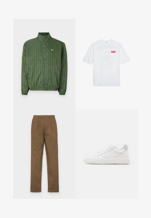 Veste zippée verte avec un motif géométrique, col haut, poignets élastiques et logo Lacoste sur la poitrine. Matériau léger.; T-shirt en coton blanc avec des manches courtes, col rond et un texte graphique rouge "FRUIT RAFRAÎCHISSANT DÉLICIEUX" à l'avant.; Pantalons en coton marron avec une coupe droite, dotés d'une fermeture à un bouton, de passants de ceinture et de plis marqués à l'avant.; Des baskets en cuir blanc avec une finition lisse, un bout rond, des lacets plats et une semelle texturée. Accents en daim gris au niveau du talon.