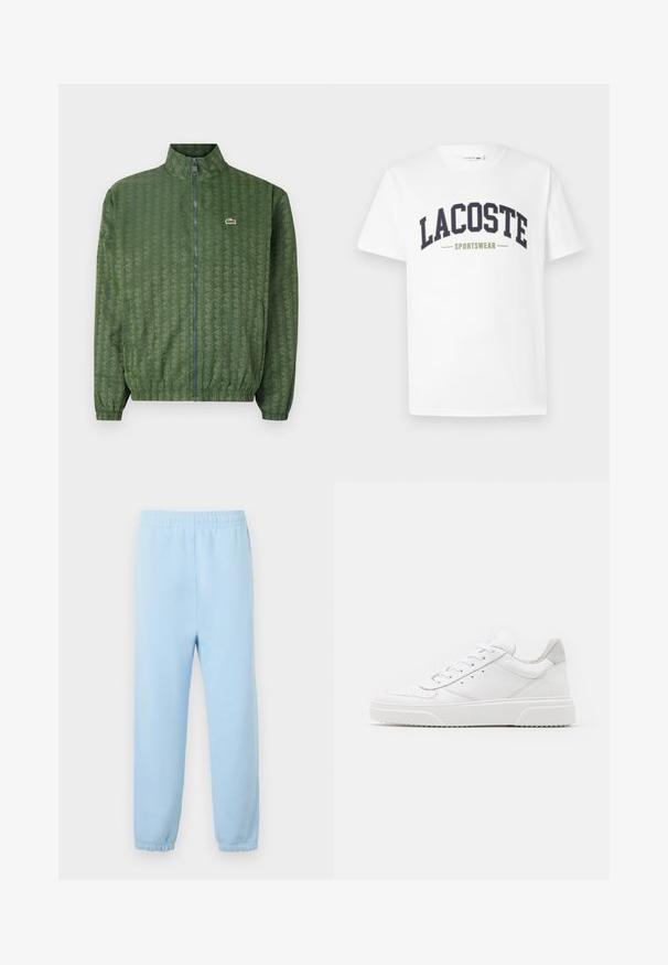 Grøn lynlåsjakke med geometrisk mønster, høj krave, elastiske manchetter og Lacoste-logo på brystet. Letvægtsmateriale.; Hvid t-shirt lavet af bomuld med et navy og olivengrønt "LACOSTE SPORTSWEAR" logo trykt på tværs af brystet i et buet design.; Lysblå svedbuxer med elastisk talje, ribbede afslutninger og en blød tekstur. Minimalistisk design uden mønstre eller udsmykninger.; Hvide lædersneakers med en glat finish, rund tå, flade snørebånd og en struktureret sål. Grå ruskindsdetalje ved hælen.