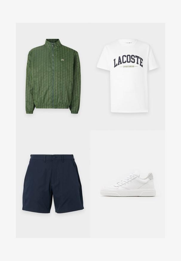 Veste zippée verte avec un motif géométrique, col haut, poignets élastiques et logo Lacoste sur la poitrine. Matériau léger.; T-shirt blanc en coton avec un logo "LACOSTE SPORTSWEAR" en vert marine et vert olive imprimé sur la poitrine dans un design courbé.; Shorts bleu marine en tissu lisse et léger. Dotés d'une fermeture à bouton, de poches latérales et d'un design ajusté avec une coupe droite.; Des baskets en cuir blanc avec une finition lisse, un bout rond, des lacets plats et une semelle texturée. Accents en daim gris au niveau du talon.