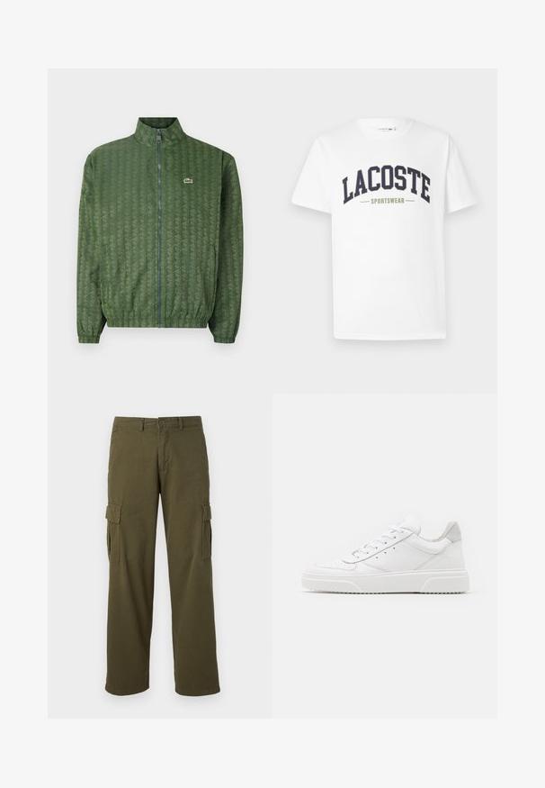 Zelená bunda na zips s geometrickým vzorom, vysokým golierom, elastickými manžetami a logom Lacoste na hrudi. Ľahký materiál.; Biela tričko vyrobené zo 100% bavlny, na ktorom je cez hrudník potlačený logo "LACOSTE SPORTSWEAR" v námorníckej modrej a olivovej zelenej farbe, a to v zakrivenom dizajne.; Olivové cargo nohavice so strižom rovného strihu, ktoré majú bočné vrecká, zapínanie na gombík a odolnú textúru látky.; Biele kožené tenisky s hladkým povrchom, zaoblenou špičkou, plochými šnúrkami a textúrovanou podrážkou. Sivý semišový akcent na päte.
