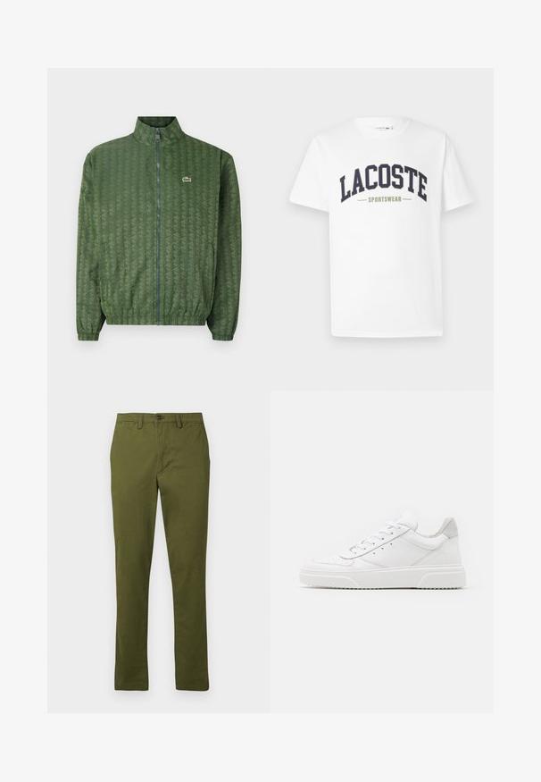 Giacca verde con zip, decorata con un motivo geometrico, colletto alto, polsini elasticizzati e logo Lacoste sul petto. Materiale leggero.; T-shirt bianca in cotone con un logo "LACOSTE SPORTSWEAR" in blu navy e verde oliva stampato trasversalmente sul petto in un design curvo.; Pantaloni in cotone verde oliva, design a gamba dritta, chiusura con bottone, dotati di passanti per cintura e tasche laterali, texture liscia, senza motivi.; Sneaker bianche in pelle con finitura liscia, punta arrotondata, lacci piatti e suola texturizzata. Accento in suede grigio sul tallone.