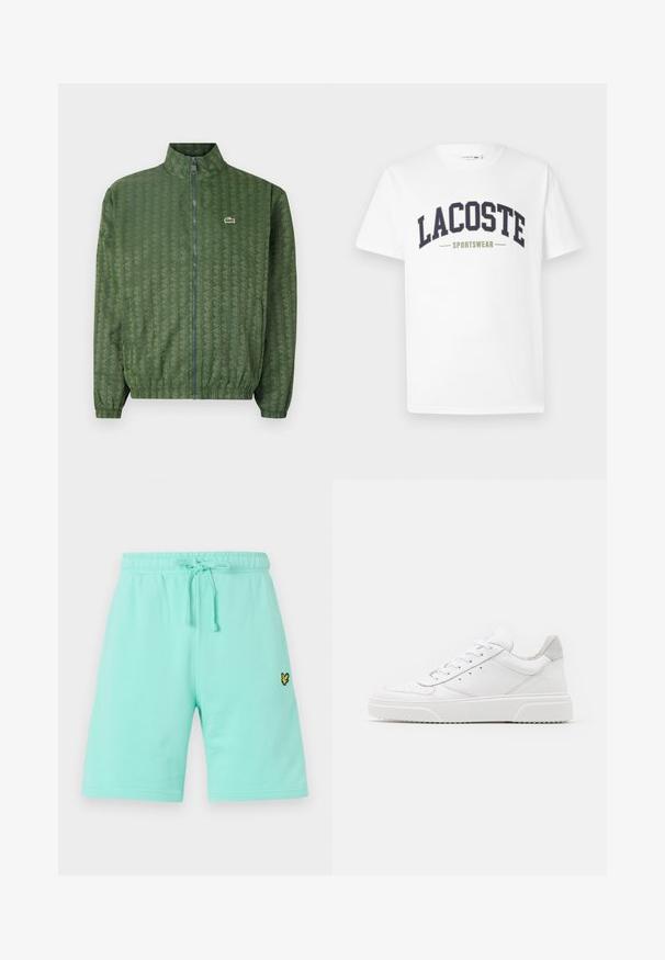 Vihreä vetoketjullinen takki, jossa on geometrinen kuosi, korkea kaulus, joustavat hihansuut ja Lacosteen logo rinnassa. Kevyt materiaali.; Valkoinen t-paita, joka on valmistettu puuvillasta, ja jossa on tummansininen ja oliivinvihreä "LACOSTE SPORTSWEAR" -logo painettuna rinnan yli kaarevassa muodossa.; Vaalean mintunvihreät puuvillahousut, joissa on joustava vyötärö ja säädettävä nyöri. Edessä on pieni musta ja keltainen logo.; Valkoiset nahkakengät, joissa on sileä pinta, pyöreä kärki, litteät nauhat ja teksturoitu pohja. Harmaa mokkanahka korostaa kantapäätä.