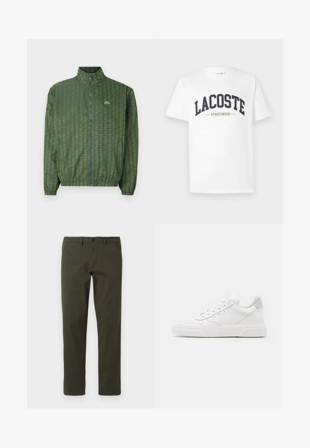 Green zip-up jacket with a geometric pattern, high collar, elastic cuffs, and a Lacoste logo on the chest. Lightweight material.; White t-shirt made of cotton featuring a navy and olive green "LACOSTE SPORTSWEAR" logo printed across the chest in a curved design.; Olive green, straight-leg trousers made from cotton blend fabric. Features a zipper fly, belt loops, and two side pockets. Smooth texture.; White leather sneakers with a smooth finish, rounded toe, flat laces, and a textured sole. Grey suede accent at the heel.