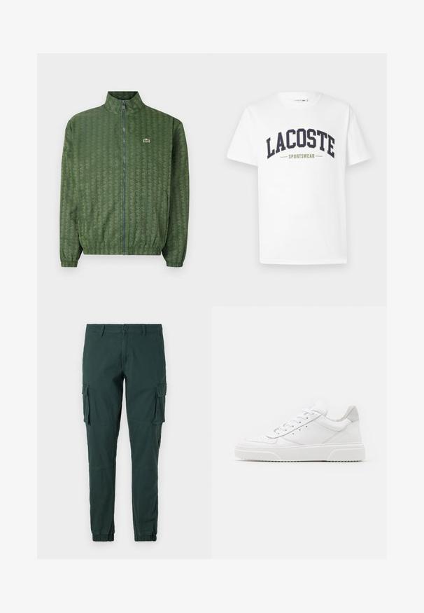 Groene ritsjack met een geometrisch patroon, hoge kraag, elastische manchetten en een Lacoste-logo op de borst. Lichtgewicht materiaal.; Witte t-shirt van katoen met een marineblauw en olijfgroene "LACOSTE SPORTSWEAR" logo dat in een gebogen ontwerp over de borst is gedrukt.; Groene cargobroek met een slim fit, voorzien van elastische boorden, zijzakken en een klassieke knoopsluiting. Gemaakt van zacht, duurzaam materiaal.; Witte leren sneakers met een gladde afwerking, ronde neus, platte veters en een gestructureerde zool. Grijze suède accent bij de hiel.