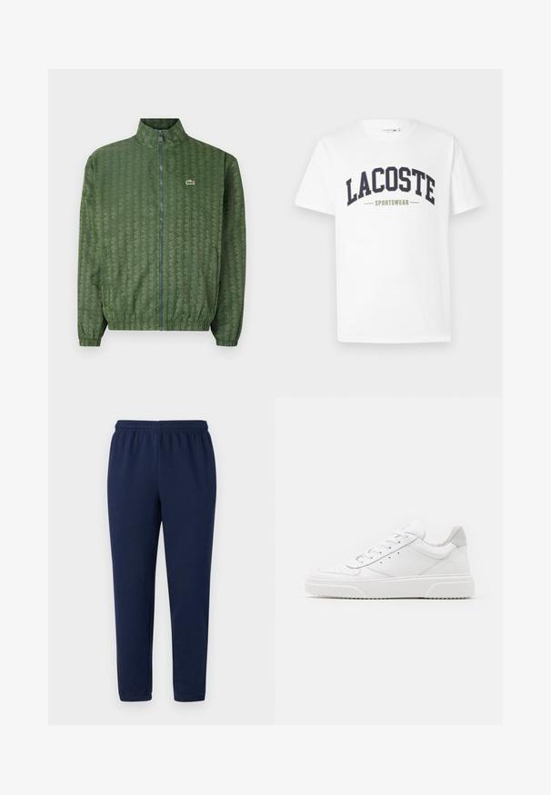 Jachetă verde cu fermoar, având un model geometric, guler înalt, manșete elastice și un logo Lacoste pe piept. Material ușor.; Tricou alb din bumbac, cu un logo "LACOSTE SPORTSWEAR" în nuanțe de albastru marin și verde oliv, imprimat pe piept într-un design curbat.; Pantaloni de trening bleumarin dintr-un amestec moale de bumbac, cu un tiv elastic și picioare conice, fără modele sau accente vizibile.; Adidași din piele albă cu un finisaj neted, vârf rotunjit, șireturi plate și o talpă texturată. Accente din piele întoarsă gri la călcâi.