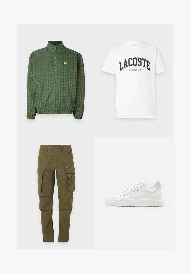 Grön zip-up jacka med geometriskt mönster, hög krage, elastiska ärmar och en Lacoste-logotyp på bröstet. Lätt material.; Vit t-shirt i bomull med en navy och olivgrön "LACOSTE SPORTSWEAR" logotyp tryckt över bröstet i en böjd design.; Olivgröna cargo-byxor tillverkade av lättviktsmaterial, med flera stora fickor, en dragkedjeficka och rakt ben.; Vita lädersneakers med en slät yta, rund tå, platta snören och en texturerad sula. Grå mockadetalj vid hälen.