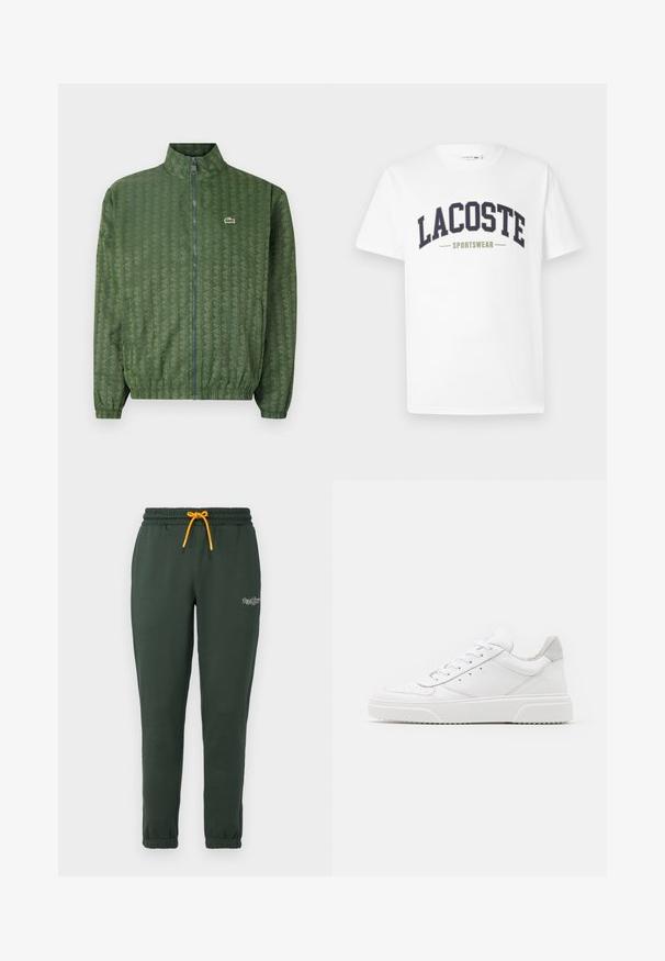 Groene ritsjack met een geometrisch patroon, hoge kraag, elastische manchetten en een Lacoste-logo op de borst. Lichtgewicht materiaal.; Witte t-shirt van katoen met een marineblauw en olijfgroene "LACOSTE SPORTSWEAR" logo dat in een gebogen ontwerp over de borst is gedrukt.; Donkergroene sweatpants gemaakt van een zacht materiaal, met een elastische tailleband en een gele trekkoord, en taps toelopende boorden. Klein logo-detail op het been.; Witte leren sneakers met een gladde afwerking, ronde neus, platte veters en een gestructureerde zool. Grijze suède accent bij de hiel.