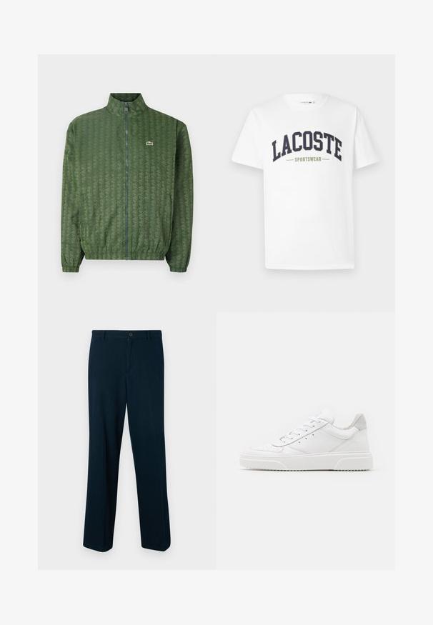 Zielona kurtka zapinana na zamek z geometrycznym wzorem, wysoki kołnierz, elastyczne mankiety oraz logo Lacoste na piersi. Lekki materiał.; Biała koszulka z bawełny z nadrukowanym na piersi w zakrzywionym kształcie logo "LACOSTE SPORTSWEAR" w kolorach granatowym i oliwkowym.; Granatowe spodnie wykonane z gładkiego materiału, z zapięciem na guzik, prostą nogawką i minimalnymi detalami.; Białe skórzane trampki o gładkim wykończeniu, zaokrąglonym nosku, płaskich sznurówkach i teksturowanej podeszwie. Szary zamszowy akcent na pięcie.