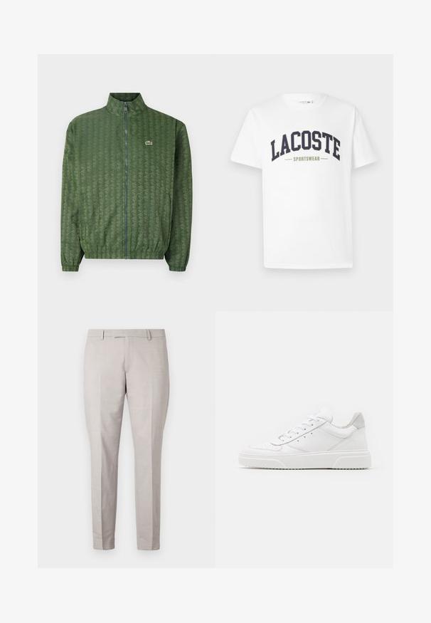 Green zip-up jacket with a geometric pattern, high collar, elastic cuffs, and a Lacoste logo on the chest. Lightweight material.; White t-shirt made of cotton featuring a navy and olive green "LACOSTE SPORTSWEAR" logo printed across the chest in a curved design.; Light gray trousers made of smooth fabric, featuring a flat front, straight legs, and a tailored waistband with belt loops.; White leather sneakers with a smooth finish, rounded toe, flat laces, and a textured sole. Grey suede accent at the heel.
