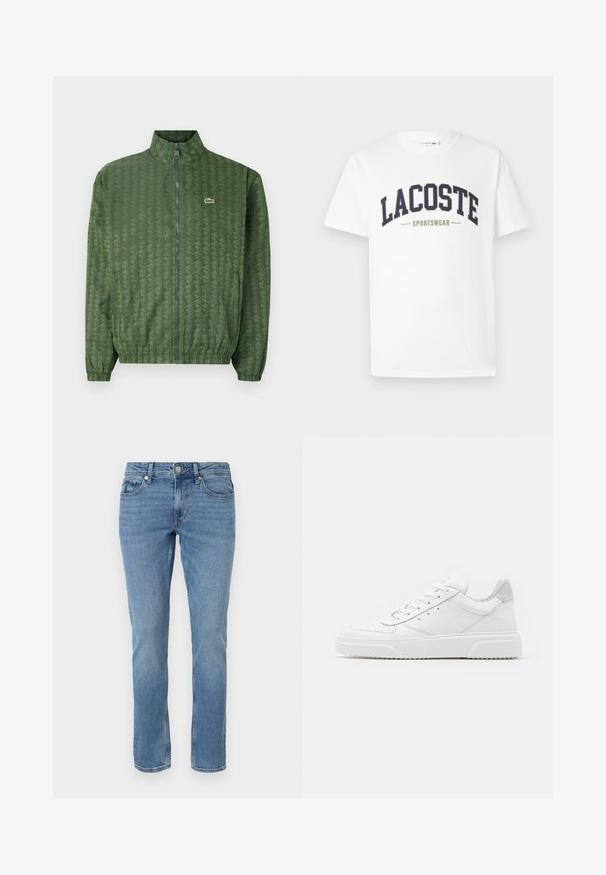 Grön zip-up jacka med geometriskt mönster, hög krage, elastiska ärmar och en Lacoste-logotyp på bröstet. Lätt material.; Vit t-shirt i bomull med en navy och olivgrön "LACOSTE SPORTSWEAR" logotyp tryckt över bröstet i en böjd design.; Blå raka denimjeans med framfickor, bälteshällor och knäppning.; Vita lädersneakers med en slät yta, rund tå, platta snören och en texturerad sula. Grå mockadetalj vid hälen.