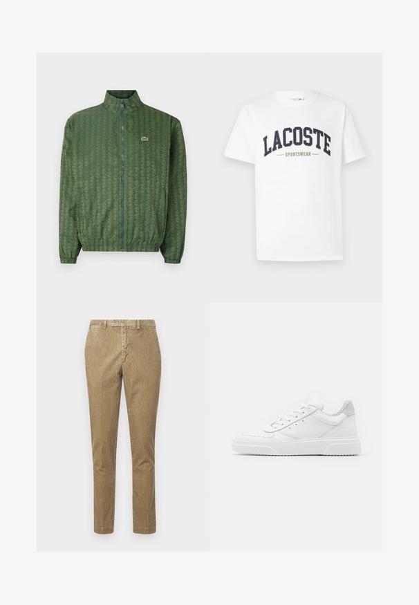 Jachetă verde cu fermoar, având un model geometric, guler înalt, manșete elastice și un logo Lacoste pe piept. Material ușor.; Tricou alb din bumbac, cu un logo "LACOSTE SPORTSWEAR" în nuanțe de albastru marin și verde oliv, imprimat pe piept într-un design curbat.; Pantaloni din corduroy bej cu croială dreaptă, având închidere cu nasture și buzunare frontale. Textură netedă cu un model de nervuri vizibil.; Adidași din piele albă cu un finisaj neted, vârf rotunjit, șireturi plate și o talpă texturată. Accente din piele întoarsă gri la călcâi.