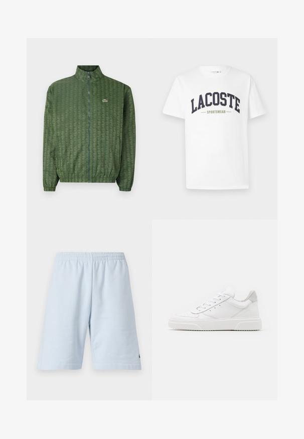 Giacca verde con zip, decorata con un motivo geometrico, colletto alto, polsini elasticizzati e logo Lacoste sul petto. Materiale leggero.; T-shirt bianca in cotone con un logo "LACOSTE SPORTSWEAR" in blu navy e verde oliva stampato trasversalmente sul petto in un design curvo.; Shorts in cotone azzurro chiaro con cintura elastica. Presentano un design semplice e uniforme con orlo aperto. Accento del logo sull'orlo inferiore.; Sneaker bianche in pelle con finitura liscia, punta arrotondata, lacci piatti e suola texturizzata. Accento in suede grigio sul tallone.
