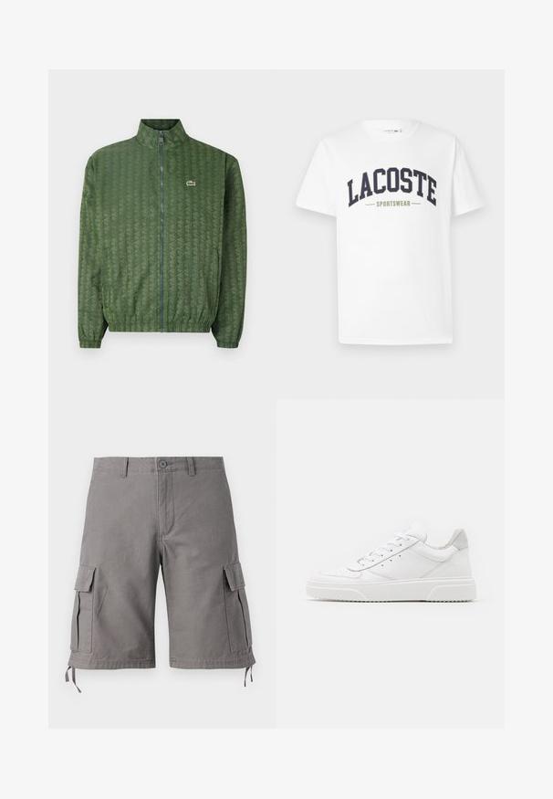 Green zip-up jacket with a geometric pattern, high collar, elastic cuffs, and a Lacoste logo on the chest. Lightweight material.; White t-shirt made of cotton featuring a navy and olive green "LACOSTE SPORTSWEAR" logo printed across the chest in a curved design.; Gray cargo shorts made of cotton blend fabric. Features side pockets, adjustable drawstrings at the hem, and a button closure.; White leather sneakers with a smooth finish, rounded toe, flat laces, and a textured sole. Grey suede accent at the heel.