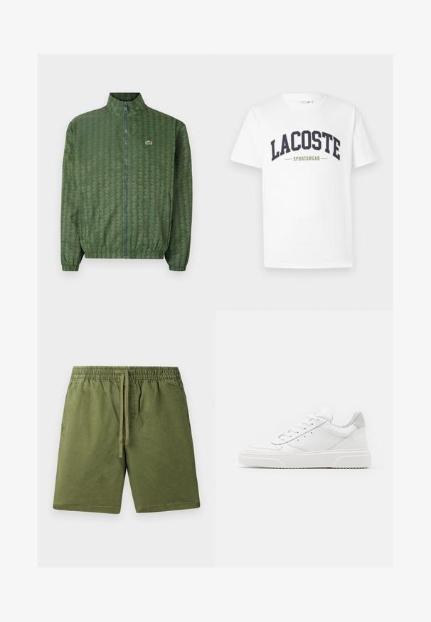Giacca verde con zip, decorata con un motivo geometrico, colletto alto, polsini elasticizzati e logo Lacoste sul petto. Materiale leggero.; T-shirt bianca in cotone con un logo "LACOSTE SPORTSWEAR" in blu navy e verde oliva stampato trasversalmente sul petto in un design curvo.; Pantaloni corti verde khaki realizzati in cotone morbido, con una vita elastica e un cordoncino, oltre a tasche laterali. Texture liscia, design casual.; Sneaker bianche in pelle con finitura liscia, punta arrotondata, lacci piatti e suola texturizzata. Accento in suede grigio sul tallone.