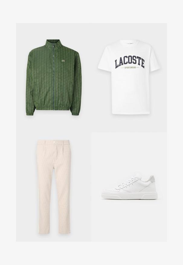 Jachetă verde cu fermoar, având un model geometric, guler înalt, manșete elastice și un logo Lacoste pe piept. Material ușor.; Tricou alb din bumbac, cu un logo "LACOSTE SPORTSWEAR" în nuanțe de albastru marin și verde oliv, imprimat pe piept într-un design curbat.; Pantaloni bej cu model discret de frunze, bine croiți, cu închidere cu nasturi și buzunare laterale. Textură netedă a țesăturii.; Adidași din piele albă cu un finisaj neted, vârf rotunjit, șireturi plate și o talpă texturată. Accente din piele întoarsă gri la călcâi.