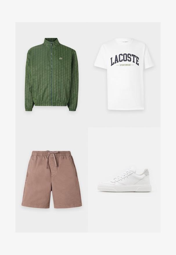 Green zip-up jacket with a geometric pattern, high collar, elastic cuffs, and a Lacoste logo on the chest. Lightweight material.; White t-shirt made of cotton featuring a navy and olive green "LACOSTE SPORTSWEAR" logo printed across the chest in a curved design.; Light brown shorts made of soft fabric with an elastic waistband and drawstring. Features side pockets and a relaxed fit design.; White leather sneakers with a smooth finish, rounded toe, flat laces, and a textured sole. Grey suede accent at the heel.