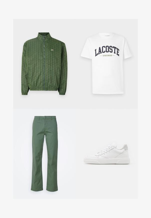 Grüne Zip-Jacke mit geometrischem Muster, hohem Kragen, elastischen Bündchen und einem Lacoste-Logo auf der Brust. Leichtes Material.; Weißes T-Shirt aus Baumwolle mit einem in gebogener Form auf der Brust gedruckten Logo "LACOSTE SPORTSWEAR" in Marineblau und Olivgrün.; Grüne Baumwollhosen mit geradem Bein, ausgestattet mit einem vorderen Knopfverschluss und seitlichen Taschen. Glatte Textur und ohne Muster.; Weiße Leder-Sneaker mit glatter Oberfläche, rundem Zehenbereich, flachen Schnürsenkeln und strukturiertem Schuhsohlen. Graues Wildleder-Detail an der Ferse.
