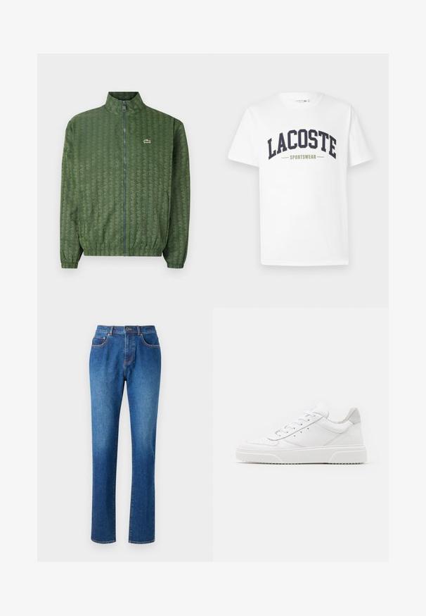 Chaqueta verde con cierre de cremallera y un patrón geométrico, cuello alto, puños elásticos y el logo de Lacoste en el pecho. Material ligero.; Camiseta blanca de algodón con un diseño curvado de logo "LACOSTE SPORTSWEAR" en color azul marino y verde oliva impreso en el pecho.; Jeans de mezclilla azul con corte recto, cinco bolsillos, cinturilla con pasadores para cinturón y costuras contrastantes a lo largo de las costuras.; Zapatillas de cuero blanca con un acabado suave, punta redondeada, cordones planos y una suela texturada. Acento de ante gris en el talón.