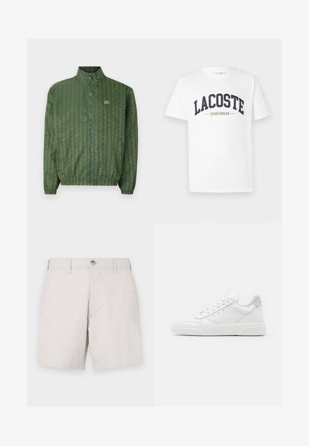Giacca verde con zip, decorata con un motivo geometrico, colletto alto, polsini elasticizzati e logo Lacoste sul petto. Materiale leggero.; T-shirt bianca in cotone con un logo "LACOSTE SPORTSWEAR" in blu navy e verde oliva stampato trasversalmente sul petto in un design curvo.; Pantaloni corti in lino beige con taglio dritto, dotati di chiusura frontale con bottone, passanti per cintura e due tasche laterali. Tessuto testurizzato.; Sneaker bianche in pelle con finitura liscia, punta arrotondata, lacci piatti e suola texturizzata. Accento in suede grigio sul tallone.