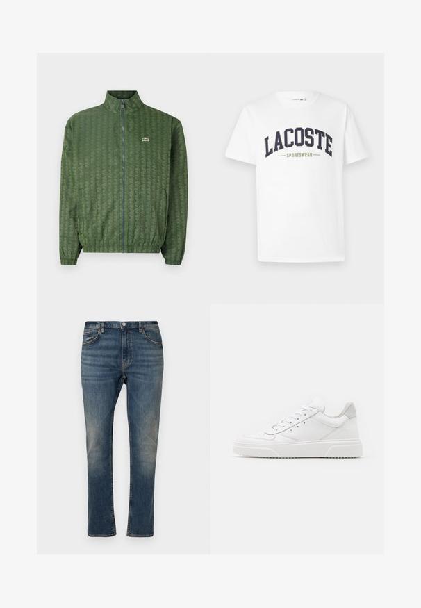 Zelená bunda na zips s geometrickým vzorom, vysokým golierom, elastickými manžetami a logom Lacoste na hrudi. Ľahký materiál.; Biela tričko vyrobené zo 100% bavlny, na ktorom je cez hrudník potlačený logo "LACOSTE SPORTSWEAR" v námorníckej modrej a olivovej zelenej farbe, a to v zakrivenom dizajne.; Tmavomodré denimové džínsy s rovnými nohavicami, piatimi vreckami, zapínaním na gombík a zips, s jemným prešúchaním a šitím ako akcentmi.; Biele kožené tenisky s hladkým povrchom, zaoblenou špičkou, plochými šnúrkami a textúrovanou podrážkou. Sivý semišový akcent na päte.