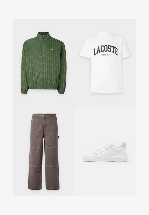 Groene ritsjack met een geometrisch patroon, hoge kraag, elastische manchetten en een Lacoste-logo op de borst. Lichtgewicht materiaal.; Witte t-shirt van katoen met een marineblauw en olijfgroene "LACOSTE SPORTSWEAR" logo dat in een gebogen ontwerp over de borst is gedrukt.; Wijd been broek in een vervaagde bruine kleur, gemaakt van duurzaam materiaal met contrasterende stiksels. Kenmerkt paneeldetails en een zijzak.; Witte leren sneakers met een gladde afwerking, ronde neus, platte veters en een gestructureerde zool. Grijze suède accent bij de hiel.