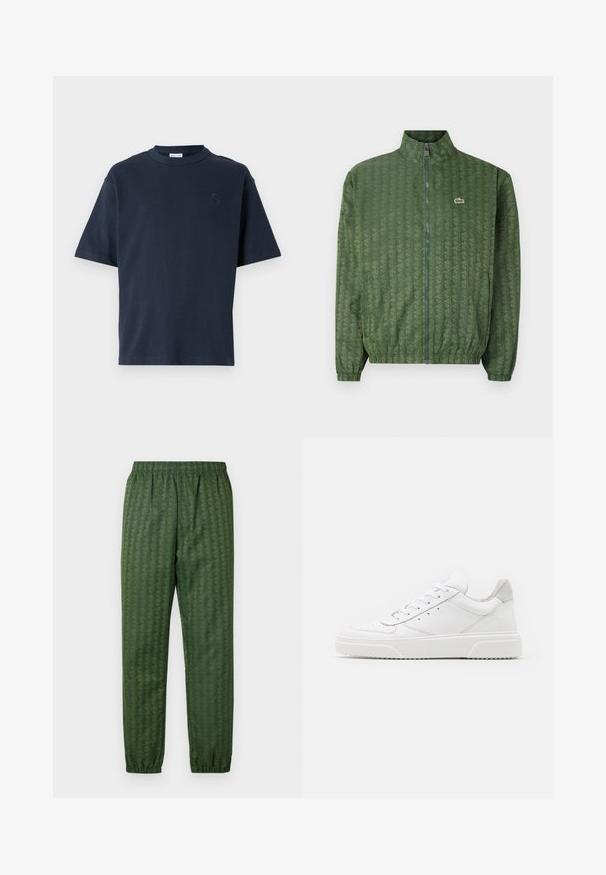 Jachetă verde cu fermoar, având un model geometric, guler înalt, manșete elastice și un logo Lacoste pe piept. Material ușor.; Tricou de bumbac de culoare bleumarin, cu mânecă scurtă. Are guler rotund și un logo subtil pe piept. Design drept, fără modele.; Pantaloni atletici verzi cu model, cu talie elastică, picioare înguste și un design geometric în întreaga structură. Fabricat din material ușor.; Adidași din piele albă cu un finisaj neted, vârf rotunjit, șireturi plate și o talpă texturată. Accente din piele întoarsă gri la călcâi.