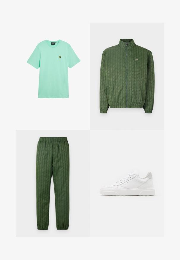 Žalias džemperis užtrauktuku, su geometriniu raštu, aukšta apykakle, elastiniais rankogaliais ir Lacoste logotipu ant krūtinės. Lengvas audinys.; Nerkite žalsvos medvilninės marškinėliai su trumpomis rankovėmis, apvalia iškirpte ir mažuoju geltonu drugelio logotipu išsiuvinėtu kairėje krūtinės pusėje.; Žalios spalvos sportinės kelnės su elastingu juosmeniu, siaurėjančiomis kojomis ir geometrijos dizainu visame paviršiuje. Pagamintos iš lengvos medžiagos.; Balti odiniai sportbačiai su lygiu paviršiumi, apvaliu pirštu, plokščiomis raištelėmis ir struktūrizuota padu. Pilko zimšo akcentas ant kulno.