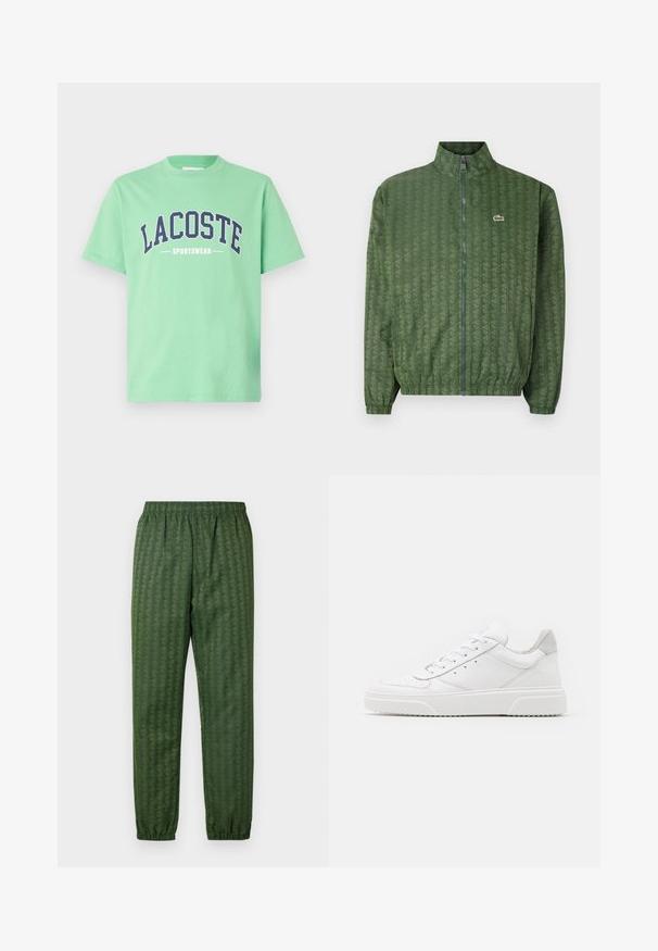 Zaļa zip-up jakas ar ģeometrisku rakstu, augstu apkakli, elastīgām piedurknēm un Lacoste logo uz krūtīm. Viegls materiāls.; Zaļš kokvilnas T-krekls ar apaļu kakla izgriezumu. Priekšpusē ir izteiksmīgs tumši zilas krāsas teksts "LACOSTE" un "SPORTSWEAR". Īsas piedurknes.; Zaļi rakstaini sporta bikses ar elastīgu jostasvietu, šaurām comojumi un ģeometrisku dizainu visā virsmā. Izgatavotas no viegla materiāla.; Baltie ādas sporta apavi ar gludu virsmu, noapaļotu purngalu, plakaniem šņorēm un reljefa zoli. Pelēks zamšādas akcenti pie papēža.