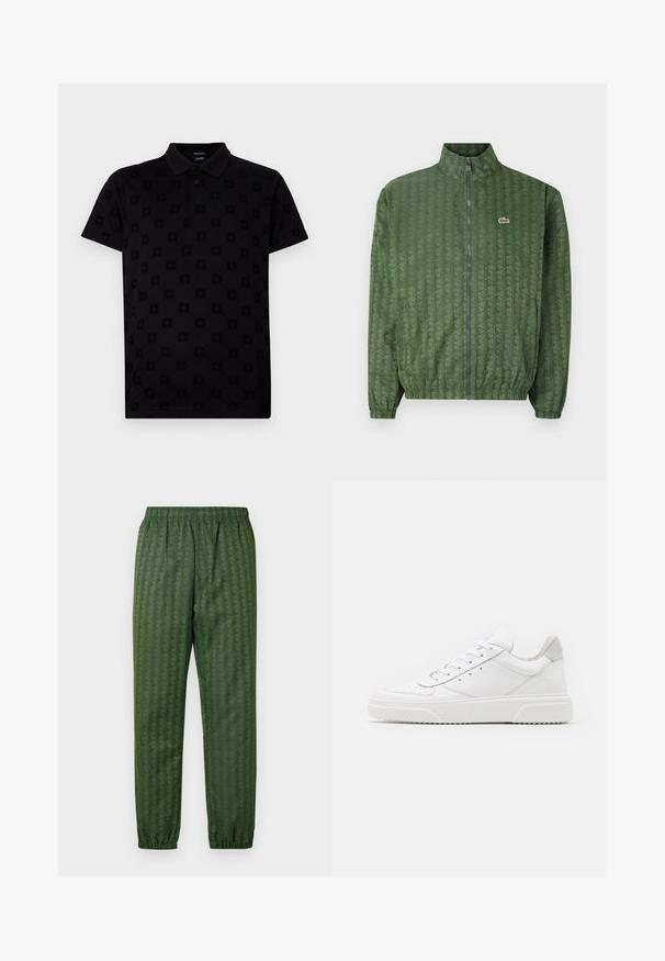 Roheline tõmbluku jao jakker, millel on geomeetriline muster, kõrge krae, elastsed mansetid ja Lacoste logo rinna piirkonnas. Kerge materjal.; Must värviline polo särk, mis on valmistatud pehmest kangast, millel on tekstuuriga ringikujuliste motiivide muster ja klassikaline krae kolme nööbiga.; Roheline mustriga spordipüksid elastse vöökohtadega, kitsenevad sääred ja geomeetrilise disainiga kogu ulatuses. Valmistatud kerge materjali kasutamisel.; Valged nahast spordijalatsid siledast nahast viimistlusega, ümarate varvastega, lamekestega ja tekstuuriga tallaga. Hall suede aktsent kanna juures.
