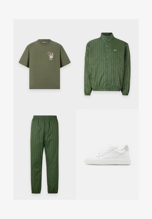 Zaļa zip-up jakas ar ģeometrisku rakstu, augstu apkakli, elastīgām piedurknēm un Lacoste logo uz krūtīm. Viegls materiāls.; Olīvu zaļa kokvilnas T-kreklu ar īsām piedurknēm, ar drukātu kokteiļu glāzes dizainu un tekstu "AMALFI COAST" baltā krāsā zem tā.; Zaļi rakstaini sporta bikses ar elastīgu jostasvietu, šaurām comojumi un ģeometrisku dizainu visā virsmā. Izgatavotas no viegla materiāla.; Baltie ādas sporta apavi ar gludu virsmu, noapaļotu purngalu, plakaniem šņorēm un reljefa zoli. Pelēks zamšādas akcenti pie papēža.