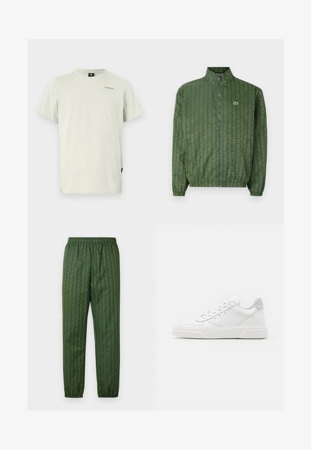 Zöld zipzáros dzseki geometrikus mintával, magas gallérral, elasztikus mandzsettákkal és Lacoste logóval a mellrészen. Könnyű anyagból készült.; Világos bézs színű póló puha pamut anyagból. Kerek nyakkivágással, rövid ujjakkal rendelkezik, és egy kis logónyomás található a bal felső oldalon.; Zöld mintázatú sportnadrág, rugalmas derékkal, csekkelt lábakkal és geometriai mintázattal. Könnyű anyagból készült.; Fehér bőr sportcipő sima felülettel, kerek orral, lapos fűzőkkel és textúrált talppal. Szürke velúr díszítés a saroknál.