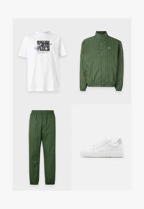 Zelená zipsová bunda s geometrickým vzorem, vysokým límcem, elastickými manžetami a logem Lacoste na hrudi. Lehký materiál.; Bílý bavlněný tričko s černobílým grafickým designem a textem. Krátké rukávy a kulatý výstřih.; Zelené sportovní kalhoty s elastickým pasem, zúženými nohavicemi a geometrickým vzorem po celé ploše. Vyrobeno z lehkého materiálu.; Bílé kožené tenisky s hladkým povrchem, zaoblenou špičkou, plochými tkaničkami a texturovanou podrážkou. Šedý semišový detail na patě.