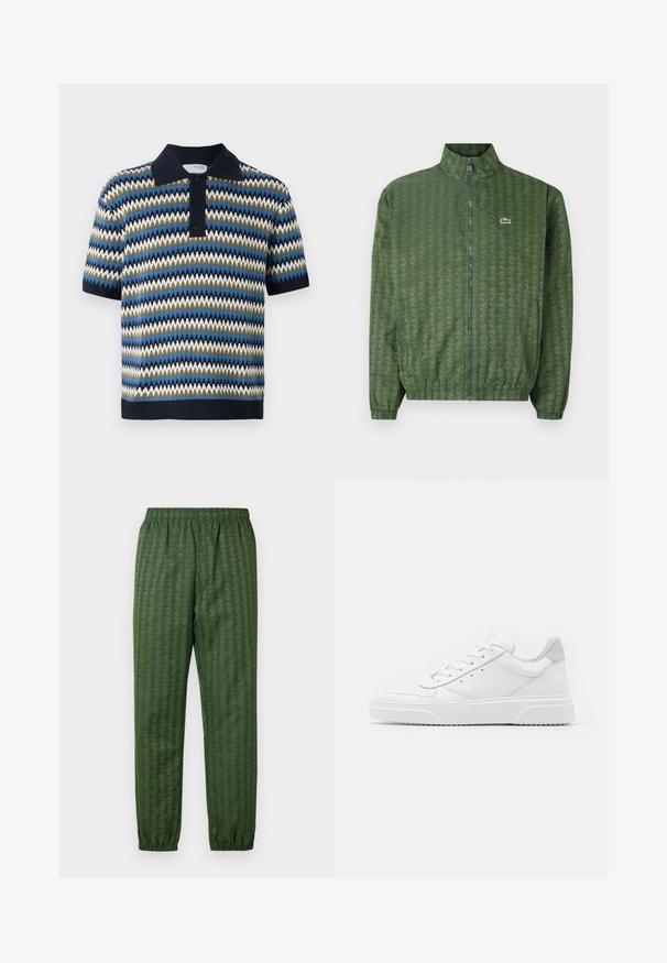 Roheline tõmbluku jao jakker, millel on geomeetriline muster, kõrge krae, elastsed mansetid ja Lacoste logo rinna piirkonnas. Kerge materjal.; Lühikeste varrukatega polo särk sinise, rohelise ja valge zigzag-mustriga. Omab tumesinist kraed ja kolme nööpauku. Kootud tekstuur.; Roheline mustriga spordipüksid elastse vöökohtadega, kitsenevad sääred ja geomeetrilise disainiga kogu ulatuses. Valmistatud kerge materjali kasutamisel.; Valged nahast spordijalatsid siledast nahast viimistlusega, ümarate varvastega, lamekestega ja tekstuuriga tallaga. Hall suede aktsent kanna juures.