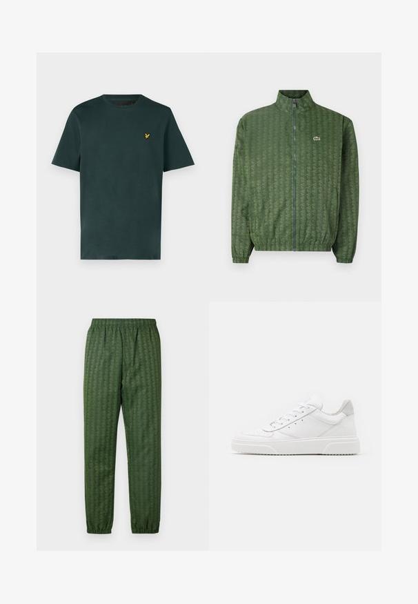 Zelena jakna na zadrgo s geometrijskim uzorkom, visokim ovratnikom, elastičnim manžetama i Lacoste logotipom na prsima. Lagani materijal.; Lyle & Scott Navadna majica - argyle teal; Zeleni športni hlače z vzorcem, elastičnim pasom, zoženimi nogami in geometrijskim dizajnom po celotni površini. Narejene so iz lahkega materiala.; Bele usnjene športne copate z gladkim zaključkom, okroglo konico, ravnimi vezalkami in teksturiranim podplatom. Sivi semiš detajl na peti.