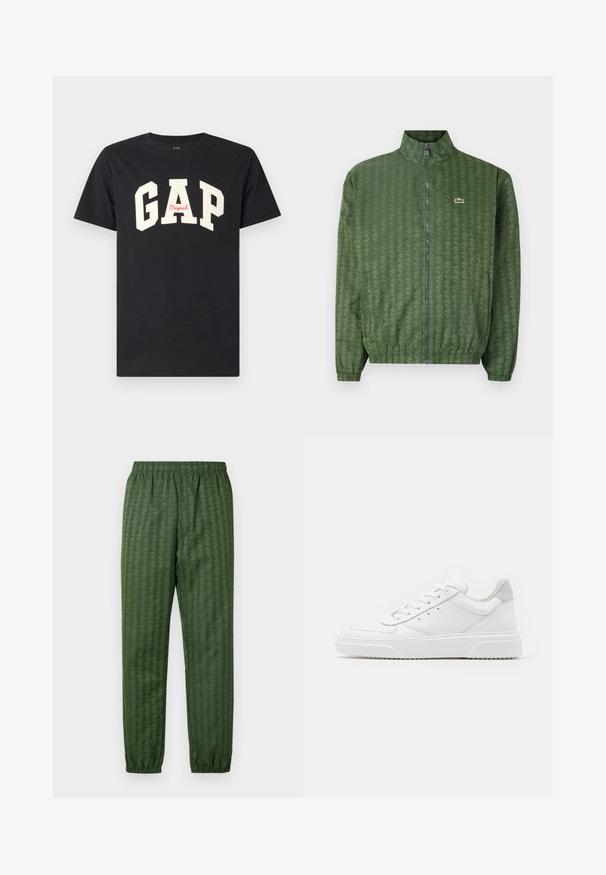 Grønn zip-up jakke med geometrisk mønster, høy krage, elastiske mansjetter og Lacoste-logo på brystet. Lett materiale.; Svart bomull t-skjorte med fete, hvite bokstaver som staver "GAP" og ordet "Original" i rødt under. Klassisk crew neck-design.; Grønne mønstrede treningsbukser med elastisk midjebånd, smale ben og geometrisk design gjennom hele. Laget av lett materiale.; Hvite skinnsko med en glat overflate, rund tå, flate lisser og teksturert såle. Grå semsket innfelt ved hælen.