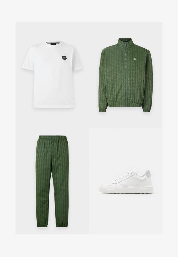 Green zip-up jacket with a geometric pattern, high collar, elastic cuffs, and a Lacoste logo on the chest. Lightweight material.; White cotton t-shirt with a v-neck, featuring a small black floral graphic on the left chest area. Short sleeves with a relaxed fit.; Green patterned athletic pants with an elastic waistband, tapered legs, and a geometric design feature throughout. Made of lightweight material.; White leather sneakers with a smooth finish, rounded toe, flat laces, and a textured sole. Grey suede accent at the heel.