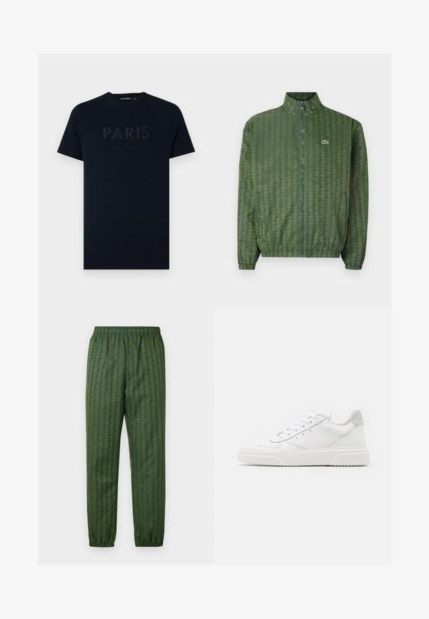 Roheline tõmbluku jao jakker, millel on geomeetriline muster, kõrge krae, elastsed mansetid ja Lacoste logo rinna piirkonnas. Kerge materjal.; Tumedast puuvillast T-särk, millel on tõstetud tekst "PARIS" ja tumedamas toonis täiendav tekst. Lühihelmed ja ümar kaelus.; Roheline mustriga spordipüksid elastse vöökohtadega, kitsenevad sääred ja geomeetrilise disainiga kogu ulatuses. Valmistatud kerge materjali kasutamisel.; Valged nahast spordijalatsid siledast nahast viimistlusega, ümarate varvastega, lamekestega ja tekstuuriga tallaga. Hall suede aktsent kanna juures.