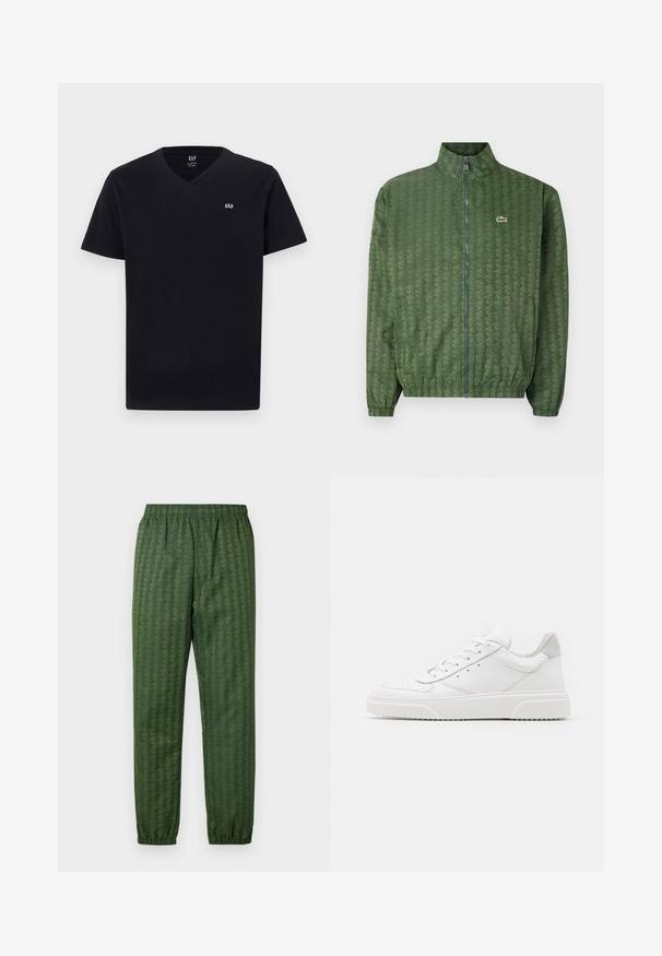 Žalias džemperis užtrauktuku, su geometriniu raštu, aukšta apykakle, elastiniais rankogaliais ir Lacoste logotipu ant krūtinės. Lengvas audinys.; Juodas medvilninis marškinėliai su V formos iškirpimu, trumpomis rankovėmis ir mažuoju baltu išsiuvinėtum logo kairėje krūtinės pusėje. Lygus audinys, klasikinis kirpimas.; Žalios spalvos sportinės kelnės su elastingu juosmeniu, siaurėjančiomis kojomis ir geometrijos dizainu visame paviršiuje. Pagamintos iš lengvos medžiagos.; Balti odiniai sportbačiai su lygiu paviršiumi, apvaliu pirštu, plokščiomis raištelėmis ir struktūrizuota padu. Pilko zimšo akcentas ant kulno.