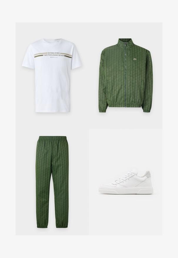 Chaqueta verde con cierre de cremallera y un patrón geométrico, cuello alto, puños elásticos y el logo de Lacoste en el pecho. Material ligero.; Camiseta de algodón blanca de mangas cortas, con un texto gráfico impreso en verde oliva que dice "ESTABLECIDO DOS MIL SIETE" en el pecho.; Pantalones deportivos verdes con estampado, cintura elástica, piernas ajustadas y un diseño geométrico en toda su superficie. Hechos de un material ligero.; Zapatillas de cuero blanca con un acabado suave, punta redondeada, cordones planos y una suela texturada. Acento de ante gris en el talón.