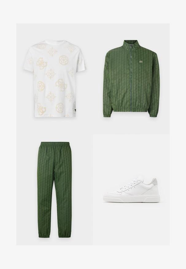 Green zip-up jacket with a geometric pattern, high collar, elastic cuffs, and a Lacoste logo on the chest. Lightweight material.; White cotton t-shirt featuring a light beige abstract pattern with various geometric shapes and logos. Crew neck and short sleeves.; Green patterned athletic pants with an elastic waistband, tapered legs, and a geometric design feature throughout. Made of lightweight material.; White leather sneakers with a smooth finish, rounded toe, flat laces, and a textured sole. Grey suede accent at the heel.