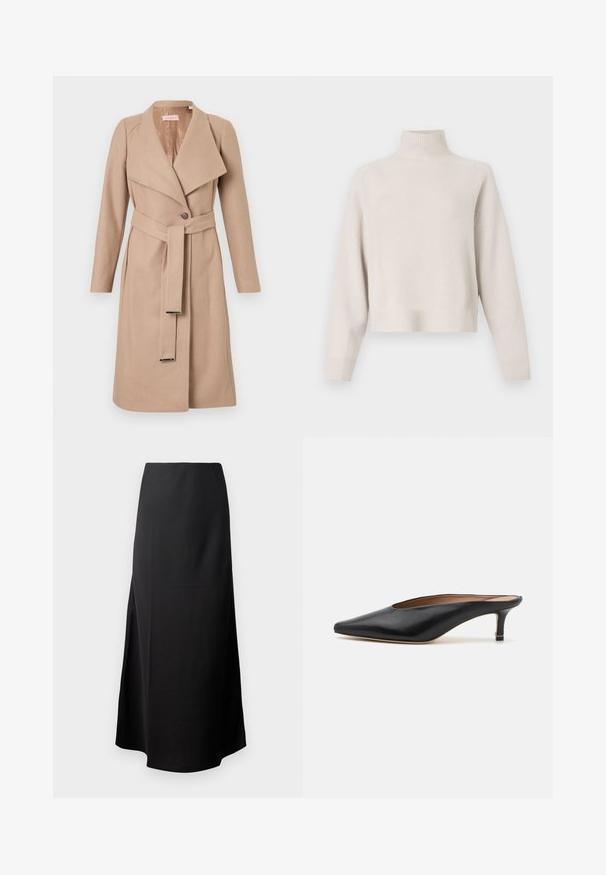Manteau en laine beige à mi-longueur avec grands revers, un seul bouton, ceinture assortie avec embouts en métal, et manches longues, présenté à plat sur fond blanc.; Pull à col roulé beige clair en tissu doux. Dispose d'une coupe décontractée, d'un ourlet et de poignets côtelés, et de manches longues. Design minimaliste.; Jupe midi noire avec une texture lisse, conçue avec une taille haute et une fente sur le côté, présentant une silhouette simple et sans ornements.; Mules en cuir noir avec un bout pointu et un petit talon carré. Texture lisse avec un design épuré. Dos ouvert avec un minimum de détails.