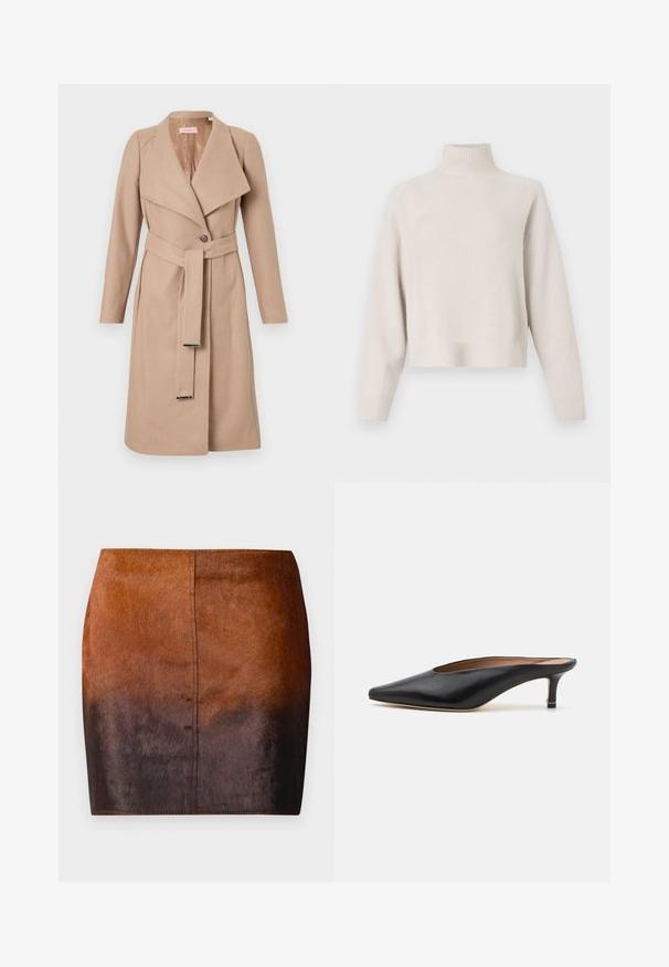 Manteau en laine beige à mi-longueur avec grands revers, un seul bouton, ceinture assortie avec embouts en métal, et manches longues, présenté à plat sur fond blanc.; Pull à col roulé beige clair en tissu doux. Dispose d'une coupe décontractée, d'un ourlet et de poignets côtelés, et de manches longues. Design minimaliste.; Jupe mini dégradé brun en matériau doux, présentant une texture lisse, une silhouette ajustée et des coutures précises le long des bords.; Mules en cuir noir avec un bout pointu et un petit talon carré. Texture lisse avec un design épuré. Dos ouvert avec un minimum de détails.