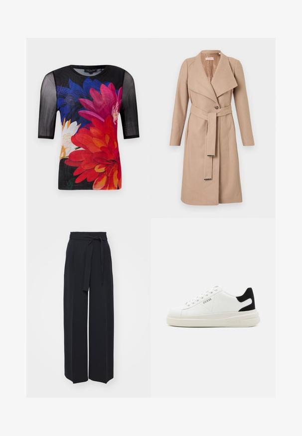 Casaco de lã bege até ao joelho, com lapelas largas, um botão único, cinto a condizer com pontas em metal e mangas compridas, exposto plano sobre fundo branco.; Pullover de gola alta em bege claro, feito de um tecido macio. Apresenta um ajuste relaxado, bainha e punhos canelados, e mangas longas. Design minimalista.; T-shirt de manga curta com uma sobreposição de rede preta e um padrão floral colorido em vermelho, rosa e azul sobre um fundo escuro.; Calças pretas de perna larga feitas de tecido macio. Apresentam uma cintura com cinto e pregas frontais. Textura suave com um design clean e contemporâneo.; Sapatilhas brancas de couro com uma sola branca espessa, detalhe em camurça preta no calcanhar e logótipo em relevo na lateral. Design com atacadores e seis ilhós.